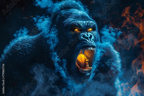 Majestic gorilla roaring amidst a mystic swirl of blue smoke and orange sparks, eyes glowing intensely