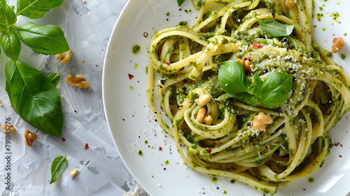 Pasta with pesto sauce, fresh basil and nuts on white plate, hyperrealistic food photography