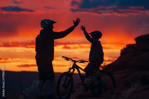 Silhouettes of two mountain bikers share a high five  celebrating a ride at sunset with the majestic backdrop of canyon silhouettes.