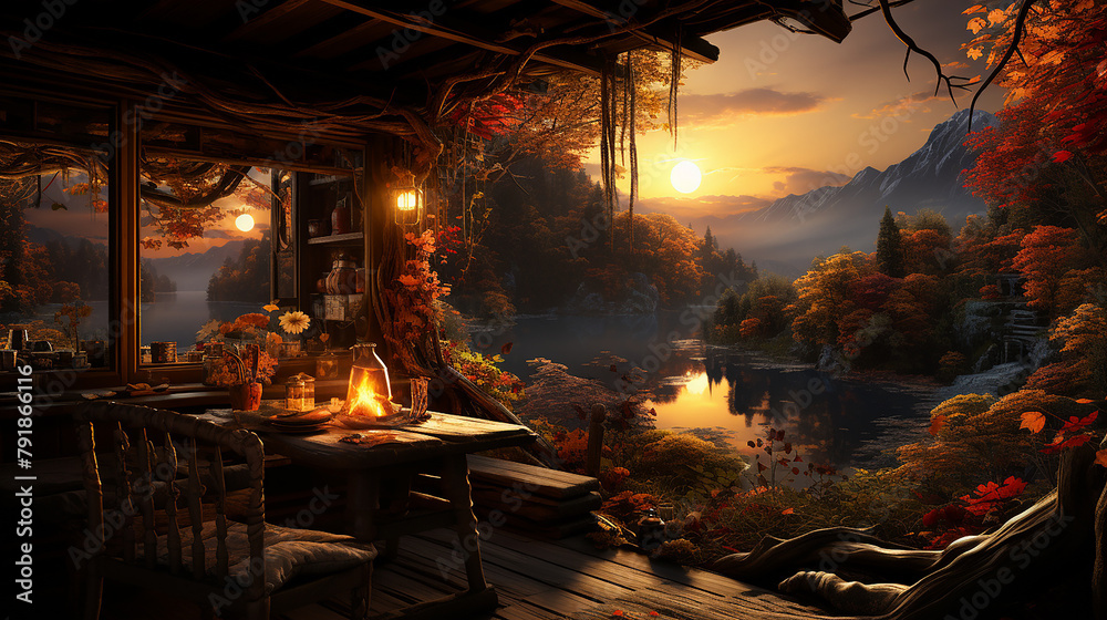 Autumn cozy background. House interior view with Hygge style furniture and dramatic light coming from the window created. Ai generated
