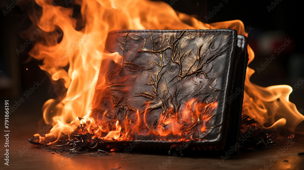 Obraz premium a leather wallet on fire сreated with Generative Ai