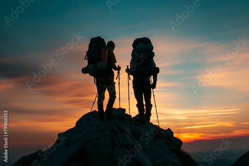 Silhouettes of two hikers atop a mountain peak against a sunset, embodying adventure and the accomplishment of reaching new heights.