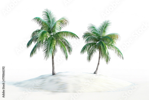 A pair of tropical palm trees leaning towards a pristine white sandy beach  creating a serene and exotic summer paradise isolated on solid white background.
