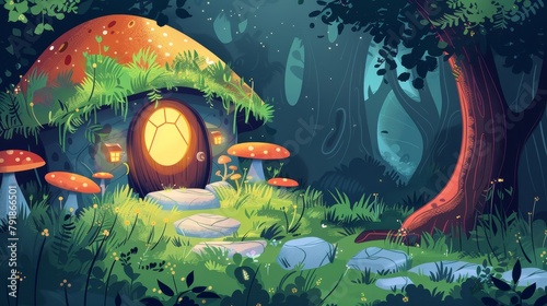 The Gnome House in Summer Forest, a cartoon illustration of a folk tale woodland with ferns, mushrooms and moss on the roof, a neon light shining out of the round wooden doors and windows, and a