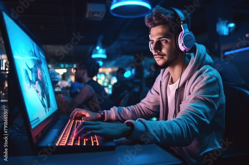 person playing with a laptop gamer concept