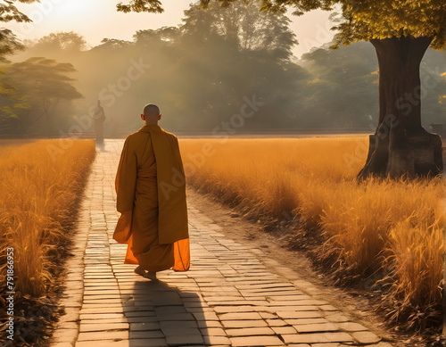 Sunset Serenity: Monk Facing the Setting Sun amidst Tthe Landscape photo