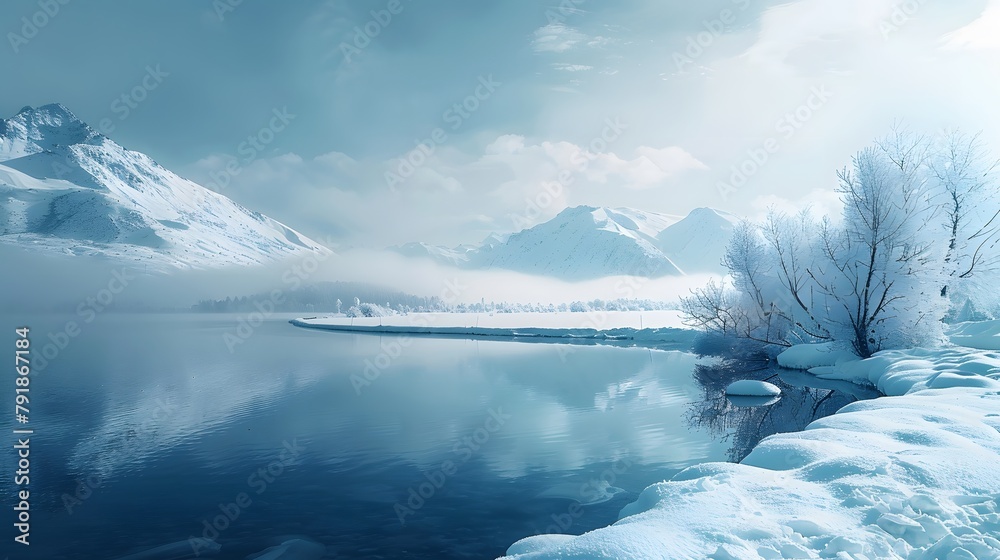 a gradient background blending from frosty silver to icy blue, captured in full ultra HD against a snowy landscape.