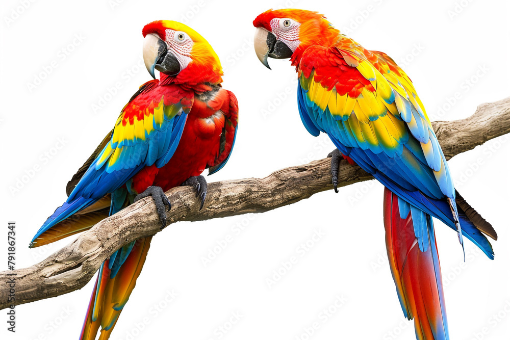 A pair of vibrant macaws perched on a branch, their colorful plumage representing the tropical beauty of summer isolated on solid white background.