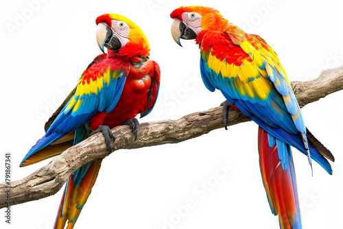 A pair of vibrant macaws perched on a branch, their colorful plumage representing the tropical beauty of summer isolated on solid white background. © abdur