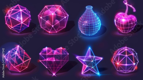 This abstract wireframe shapes set is isolated on a white background. This modern illustration shows 3D grid geometric icons, a globe, heart, cherry, pillar, star, cone, landscape structure, cyber photo