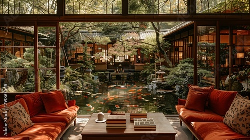 Traditional Japanese House and Garden with Koi Pond Seen from Interior