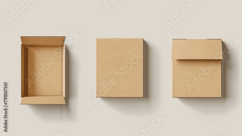 This is a real-time modern illustration of a brown open cardboard box. The package is a blank craft carton of various sizes for delivery or gift-giving. The mock-ups include a rectabar, square, and © Mark