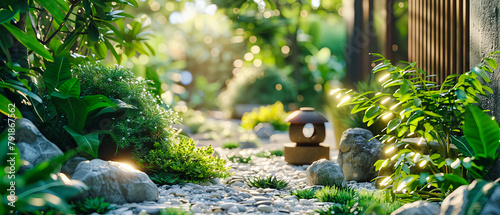 Tranquil Garden Pathway, Decorative Stones and Lush Greenery, Peaceful Landscaping in Summer Park