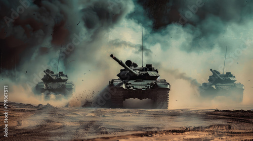 Tanks in a column moving towards the target in dust