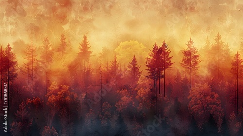 a gradient background shifting from rustic terracotta to deep burgundy, portrayed in high resolution against a forest ablaze with fall colors.