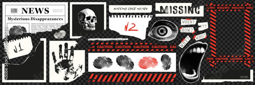 Trending elements for collage on a true crime, mysterious disappearance theme. Modern grunge design with halftone collage elements.