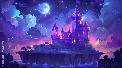 Fantasy kingdom building with a royal castle on an island at night. Cartoon modern dark midnight landscape of an ancient fairytale palace with a flag on the tower and a starry night sky. photo