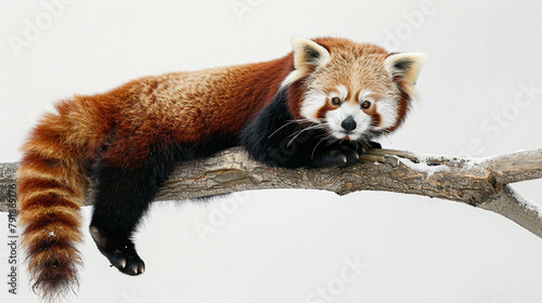 Adorable red panda perched on a branch, its fluffy tail curled, against a white backdrop. photo