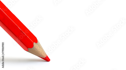 Upright red pencil with shadow isolated on white paper background, used for voting or for making a drawing. Copy space