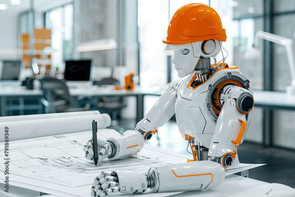 A robot architect with hardhat working on construction drawings in a Office Space A robot architect with hardhat working on construction drawings in a Office Space