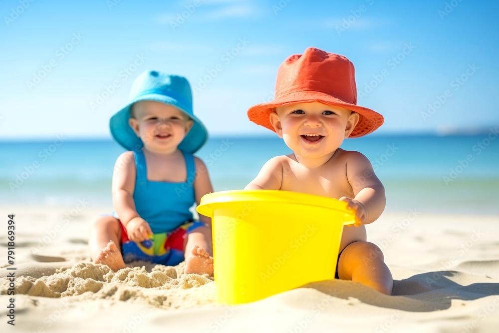 slow motion video of Two Happy Babies Playing with a Yellow Bucket on Sandy Beach slow motion video of Two Happy Babies Playing with a Yellow Bucket on Sandy Beach