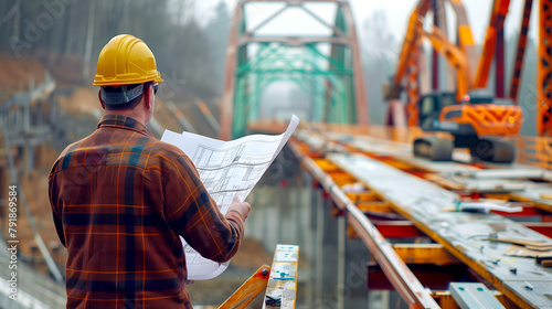 back view of Engineer with hardhat holding Building Plans on Construction bridge site