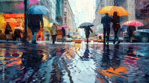 Rainy Downtown City Street with Colorful Umbrellas Reflected in Puddles Dreamlike Oil Painting Style Cityscape © toodlingstudio