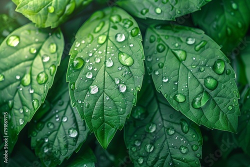 Water drops on green leaf abstract background. Banner for eco. Top view. Closeup