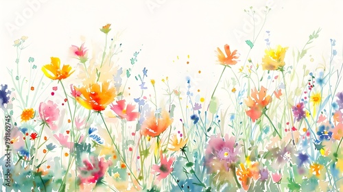Vibrant Watercolor Wildflower Field with Minimalist Gestural Botanical Blooms in Harmonious Color Scheme