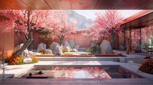 Traditional Japanese Garden with Cherry Blossoms and Reflecting Pool