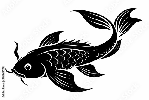 Black Silhouette Koi on White Background.