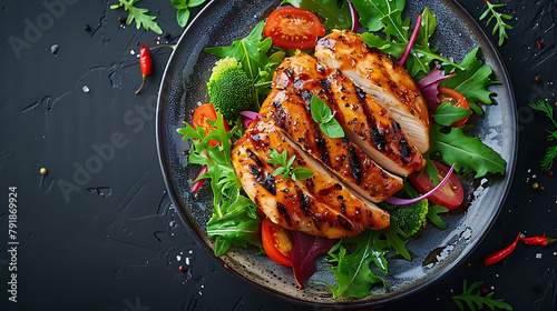 plate of grilled chicken with vegetables on dark background, top view, hyperrealistic food photography