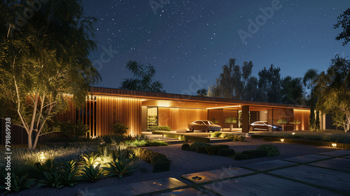 : A captivating 3D scene unveiling a modern and inviting house, featuring a cozy wood plank facade and meticulously landscaped surroundings, complete with ample parking space and a refreshing pool, ag © AI IMAGES COLLECTION