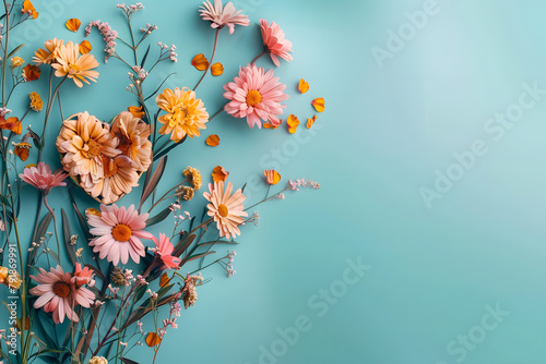 Floral background feminine flowers in pastel colors. Valentine's day, Mother's day, Women's day postcard. Flat lay copy space.