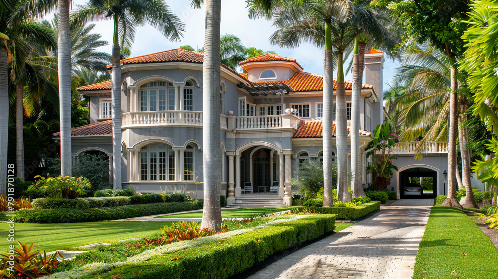 The stately facade of a luxurious residence, boasting sleek gray walls accented with crisp white trimmings, crowned by a striking red tiled roof, set against a backdrop of abundant tropical foliage in