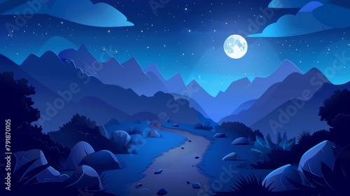 An illustration of a dark blue dusk landscape with rocky hills under a starry sky with clouds and a full moon. Cartoon modern illustration of a dark blue dusk setting with road and rocks.
