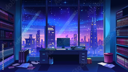 The office at night. Modern cartoon illustration of a dark room with a cityscape view in the window, a computer, documents and stacks of books on the desktop, folders on the shelf, a trash bin with