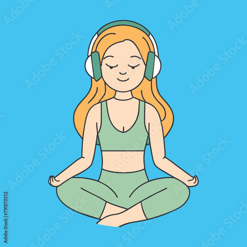 smiling yoga girl in headphones listening to music conceptual illustration of yoga observation