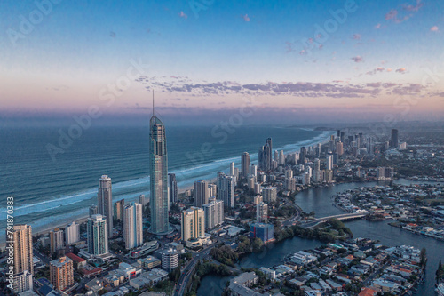 Fototapeta Naklejka Na Ścianę i Meble -  Aerial view of modern city after sunset. Concept tourism, travel. Gold Coast, Queensland, Australia.