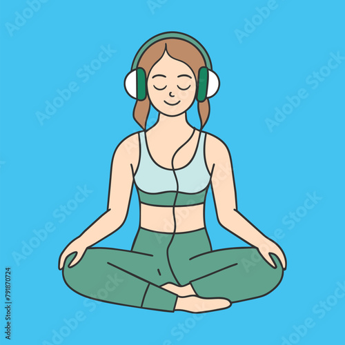 smiling yoga girl in headphones listening to music conceptual illustration of yoga observation