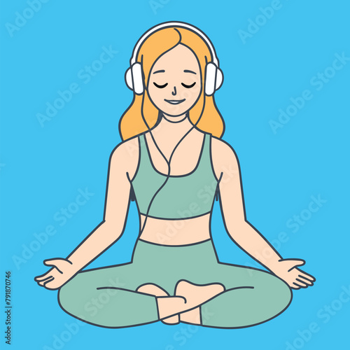 smiling yoga girl in headphones listening to music conceptual illustration of yoga observation