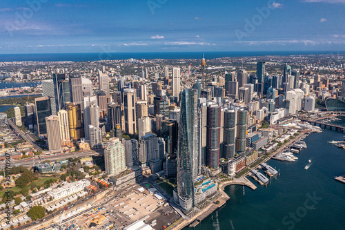 Panoramic view of Sydney. Drone photo of modern city buildings, skyscrapers, streets. Australia.