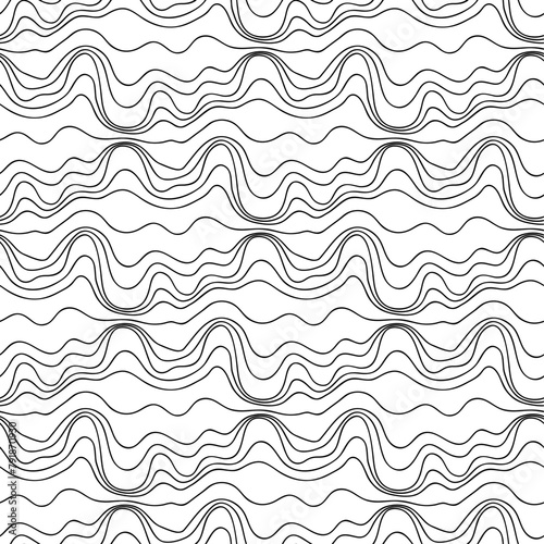 Abstract vector seamless floral background of doodle hand drawn lines. Monochrome wave pattern. Coloring book page. Black white wallpaper.