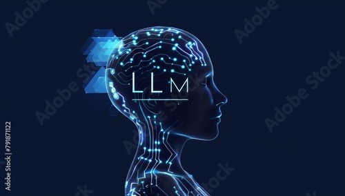 an artificial intelligence with the letters "LLM", dark blue background, circuit lines in the head silhouette Generative AI