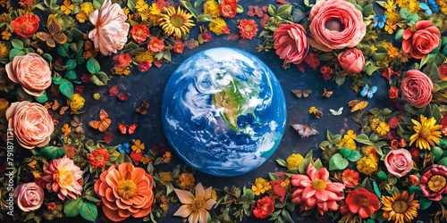 Earth nestles in a lush field of vibrant blooms, symbolizing unity and ecological diversity. A visual celebration for the International Day for Biological Diversity 22 may photo