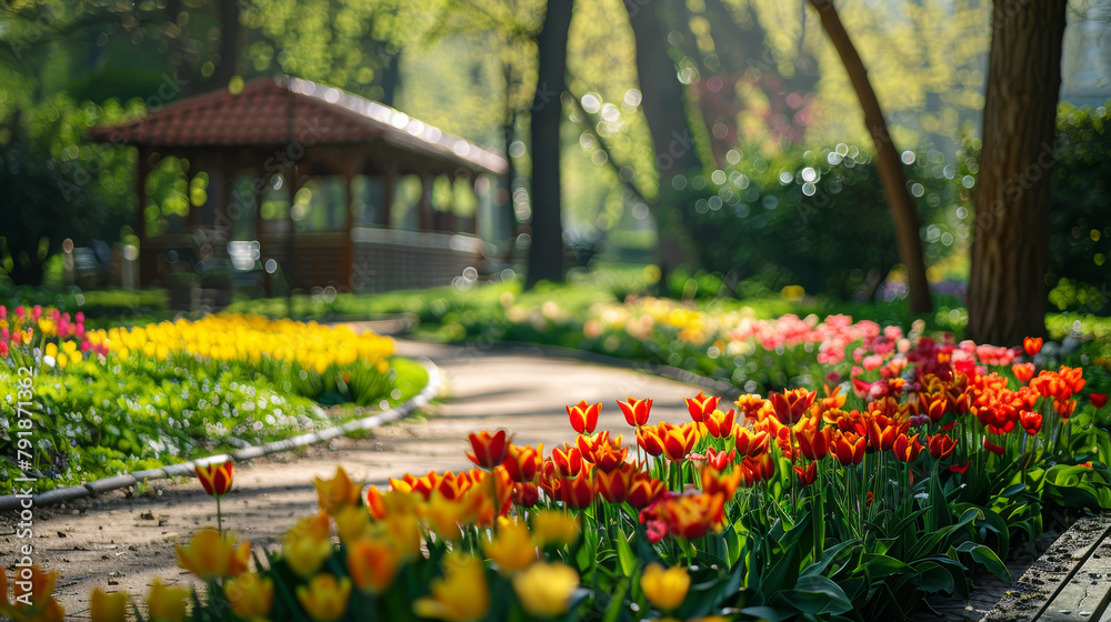 Vibrant tulips blooming in park with gazebo on sunny spring day