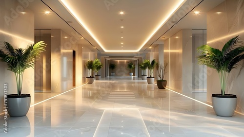 Contemporary Empty Entrance Hall or Office Hallway with a Clean and Bright Composition. Concept Contemporary Interior Design, Empty Spaces, Clean Lines, Bright Lighting, Office Decor