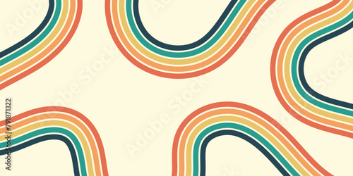 Abstract background of rainbow groovy Wavy Line design in 1970s Hippie Retro style. Vector pattern ready to use for cloth, textile, wrap and other.