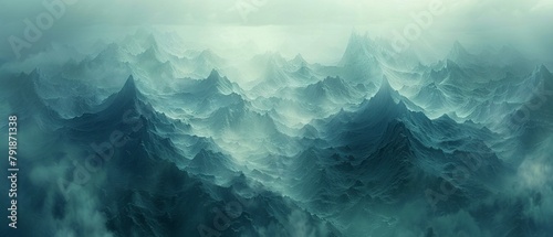 Misty mountains, abstract shapes, aerial view, cool tones for a mysterious background
