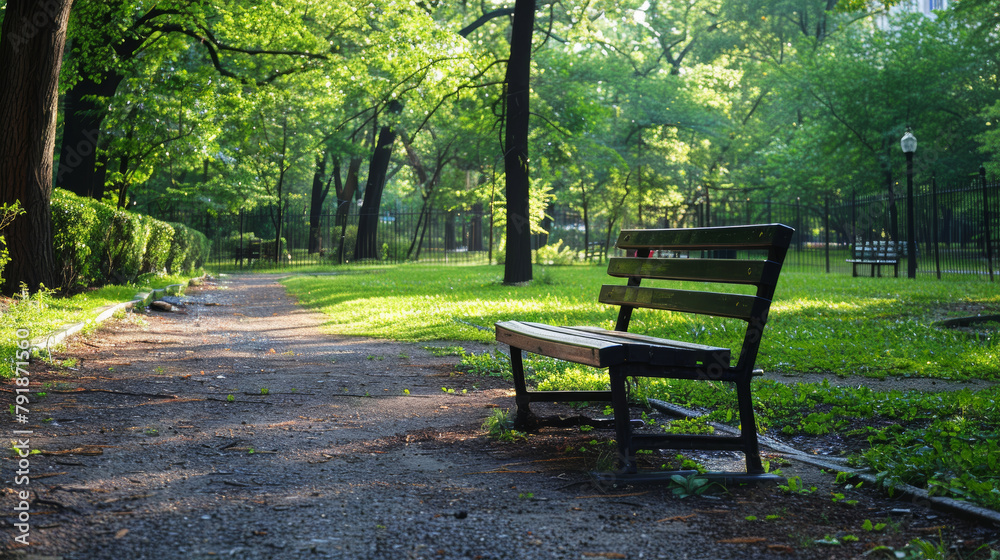 Sunlit park path with a wooden bench surrounded by lush green trees